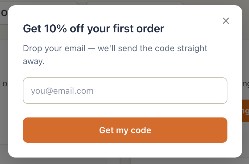 Exit-intent email popup offering a discount as the visitor moves to leave